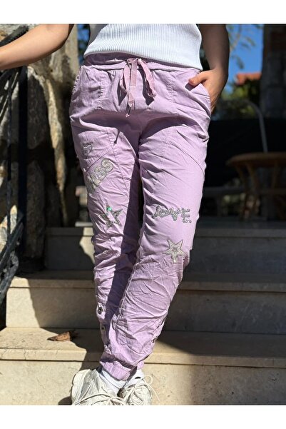 Punta Otantik Pt48011 Kiss Stone Embroidered Italian Cotton Trousers Lilac