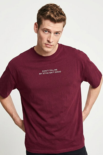 COMBİNE MİCHAİL Men's Text Printed Short Sleeve Claret Red T-Shirt