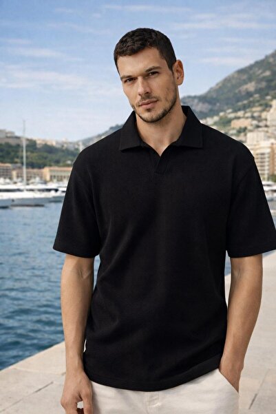 Valiberta Ανδρικό T-Shirt από ύφασμα βάφλας με λαιμόκοψη πόλο, χαλαρή εφαρμογ...