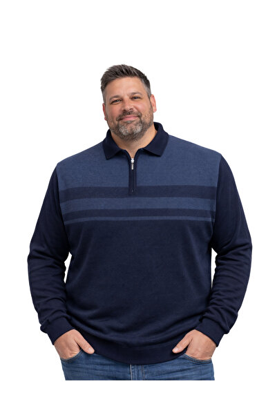 BattalModa Erkek Büyük Beden Lacivert Polo Yaka Çizgili Fermuarlı Triko Kazak...