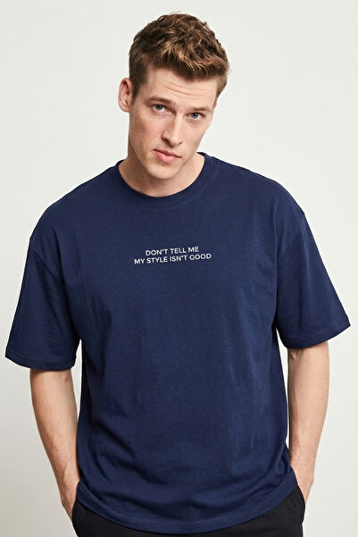 COMBİNE MİCHAİL Men's Text Printed Short Sleeve Navy Blue T-Shirt