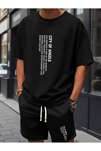 bellanova Men's Oversize Printed Shorts T-Shirt Set Streetwear Bottom-Top Com...