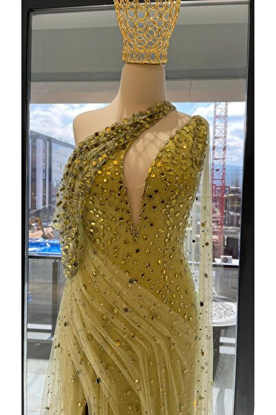 Ezni Atelier Yeşil Taşlı İşlemeli Tasarım Abiye Kınalık