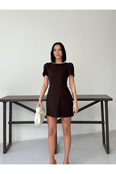 MODAMERSİ Women's Brown Short Sleeve Dress with Pocket Detail