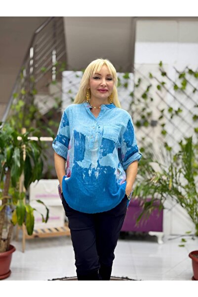 Punta Otantik Yg14070 Italian Three Buttons Cotton Linen Blouse Blue
