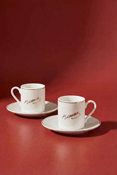 GÖNÜL Porselen 2’li Kahve Fincan Seti (Atatürk İmzalı) – Tabaklı, Gold Yaldız...