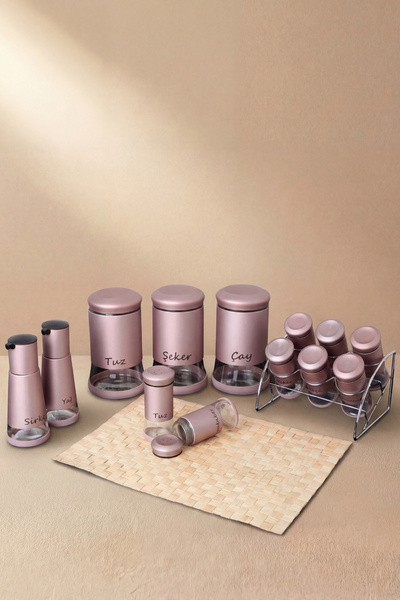 GÖNÜL 13 Parça Rose Gold Baharat Seti Cam Baharatlık Kavanoz Seti, Yağlık/Sir...