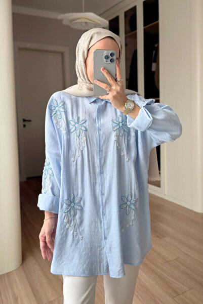 Ka Hijab Cămașă Stella cu broderie de mărgele - Albastru