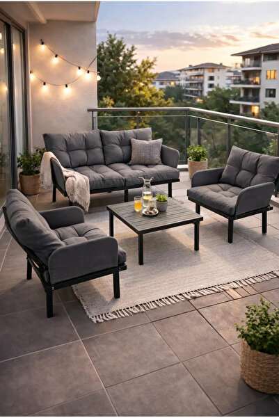 eportatif Bahçe Takımı Balkon ve Cafe Modüler Metal Koltuk Takımı 2+1+1 Sehpalı
