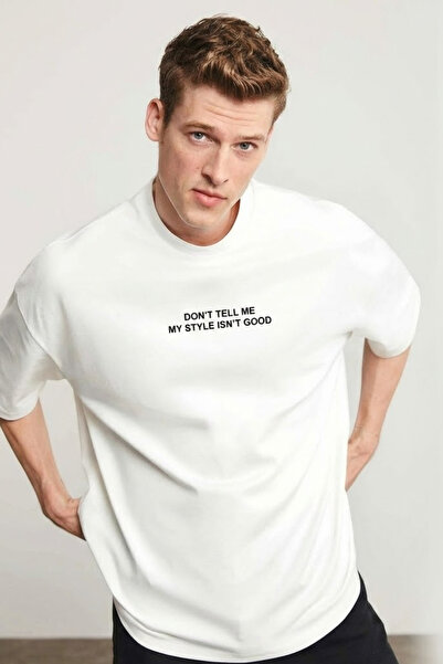 COMBİNE MİCHAİL Men's Text Printed Short Sleeve Ecru T-Shirt