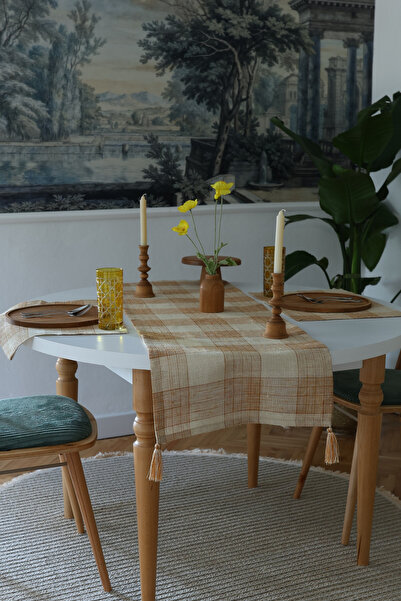 Yakacihome Million Cinnamon Jute Fabric Tasseled Runner 40X140 cm