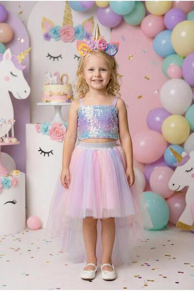 BUTİKHAPPYKİDS Kız Çocuk Unicorn Temalı Payetli Crop Kuyruklu Tütü Etek İkili...
