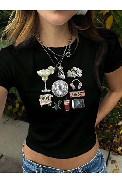 Velostra Women's Black Aesthetic Collage Printed Retro Y2K Tee Crop T-Shirt