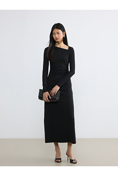 LC Waikiki Lcw Vision Black Boat Neck Gathered Dress