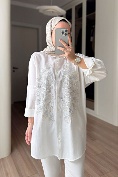 Ka Hijab Cămașă cu broderie cu mărgele roz - Albă