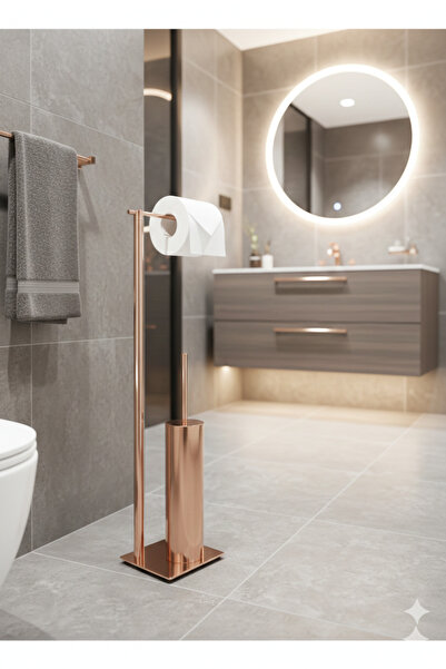 GörSeç Rose Gold Color Bathroom Set with Stand, Toilet Paper Holder, Toilet B...