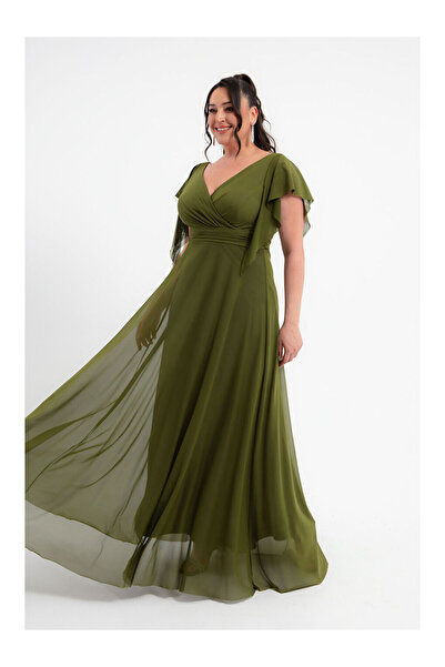 LC Waikiki Kadın Haki V Yaka Kısa Kollu Büyük Beden Uzun Abiye Elbise
