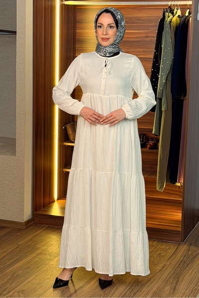 Bestenur Half Button Dress 1689 - White