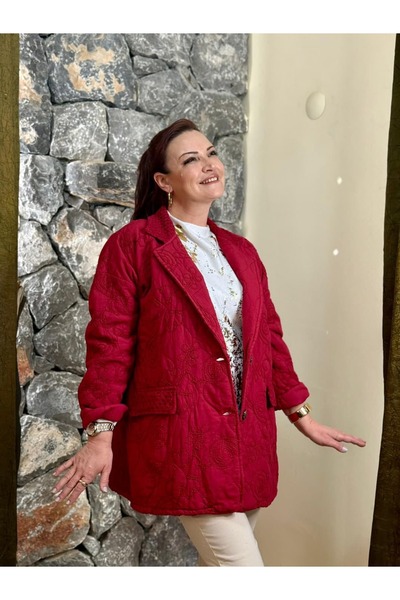 Punta Otantik Ms2730 Collared Knitwear Italian Quilted Blazer Jacket Red