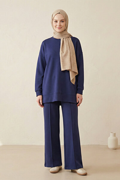 FERHEL Women's Round Neck Green Tunic and Trousers Two-Piece Set - Navy Blue