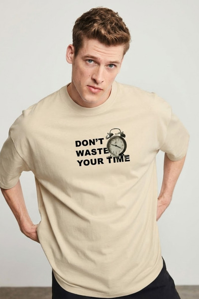 COMBİNE MİCHAİL Men's Don'T Waste Time Printed Cream T-Shirt