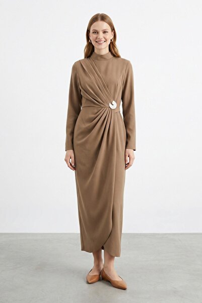 Puane Women's Double-Breasted Look Long Dress with Buckle Detail -12678Elb - ...