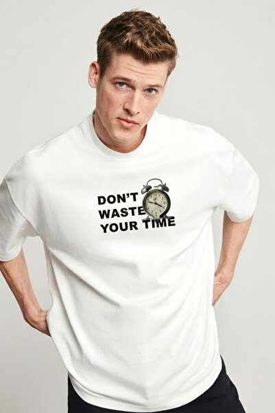 COMBİNE MİCHAİL Men's Don'T Waste Time Printed Ecru T-Shirt
