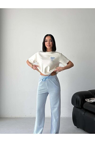 Tarzımızbir Heart Embroidered Oversized T-Shirt and Ribbed Wide-Leg Pants Set