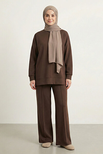 FERHEL Women's Round Neck Green Tunic and Trousers Two-Piece Set - Dark Coffee