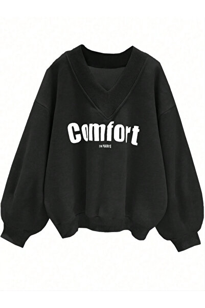 FUWEAR Oversize Black Colored V-Neck Comfort Print Patterned Sweatshirt