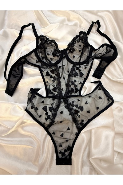 Fee Feminine SİYAH KALP DESENLİ TÜL BODY SUİT