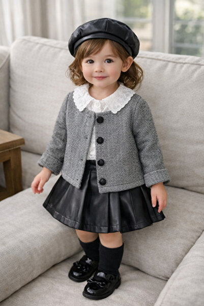 Uğur bebe Girl's Holiday Set – Leather Shorts Skirt & Knitwear Jacket, Woven ...