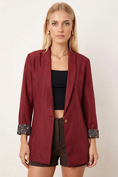 armonika Women's Burgundy In-Sleeve Leopard Patterned Single Button Jacket Ar...