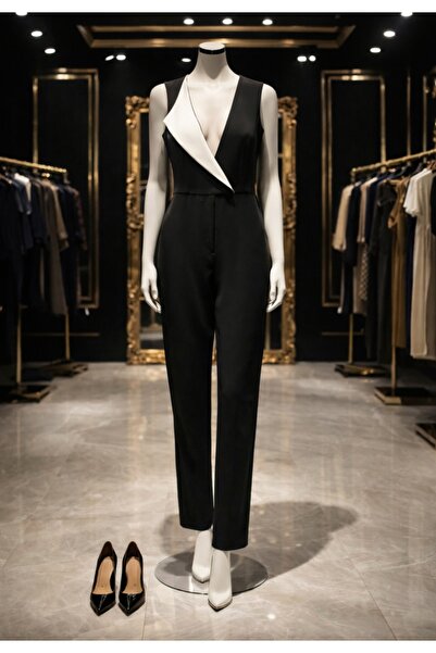 Lavin's 🤍 Siyah Beyaz V Yaka Kruvaze Tulum