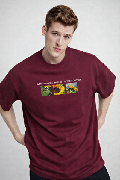 COMBİNE MİCHAİL Men's Floral Printed Oversize Claret Red T-Shirt