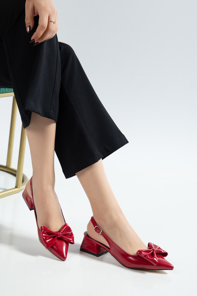 shop kadın rugan büyük fiyonklu arkası açık sivri burun kare topuklu ayakkabı