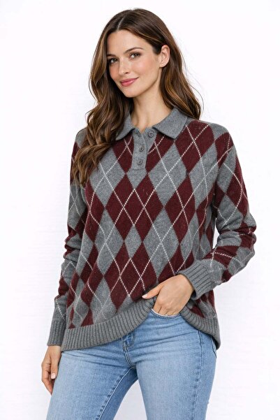 ModaPlaza Women's Baklava Pattern Polo Collar Sweater 5593