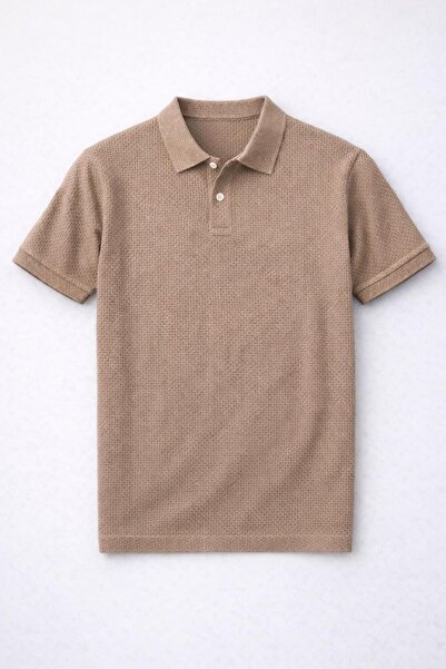 Valiberta Мъжка тениска с релефен десен, поло яка и копчета - кафе
