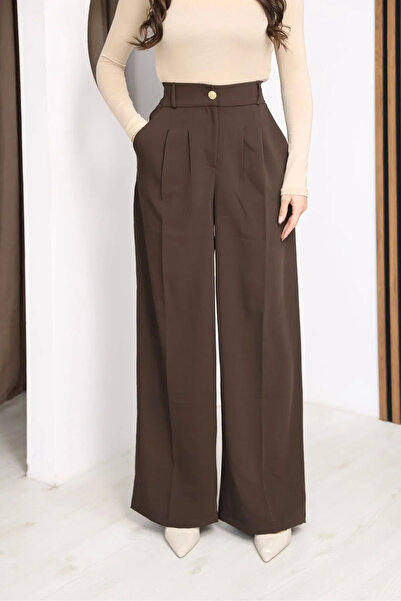 Modayıldızlar Mr Women's Buttoned Loose Pleated Palazzo Latina Flowy Pants Brown