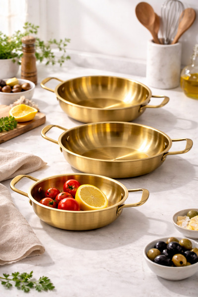 Evila 3’lü Sahan Seti 18-20-22 cm | Gold Renk Metal Sahan Takımı | Çift Kulpl...