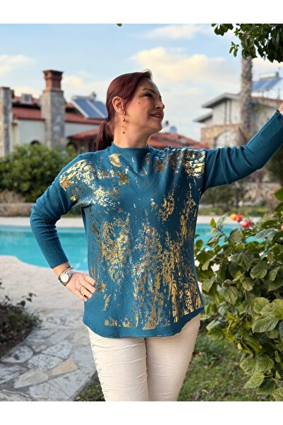 Punta Otantik Ms2780 Gilded Crew Neck Angora Blouse Petrol