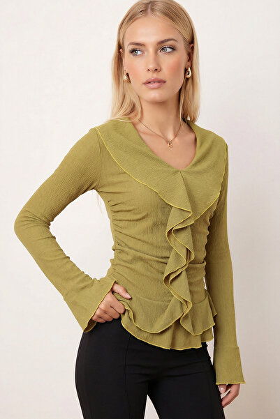 armonika Women's Oil Green Ruffled Collar and Flounce Sleeves Gathered Blouse...