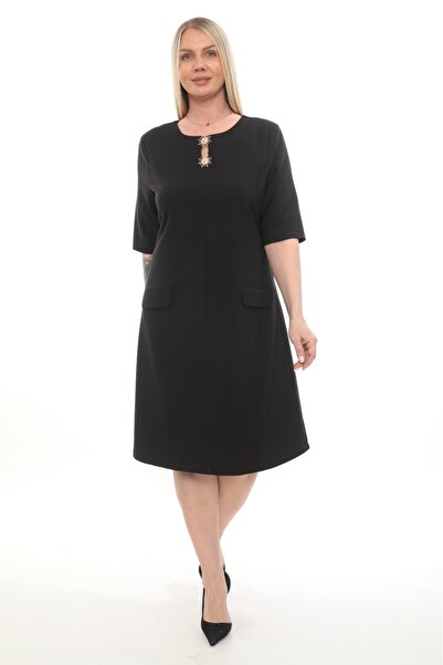 etselements Round Neck Buckle and Pocket Detailed Straight Cut Midi Dress Ets...