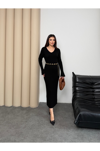 MiraMore Butik Ribbed Knit Long Dress V-Neck Women's Dress