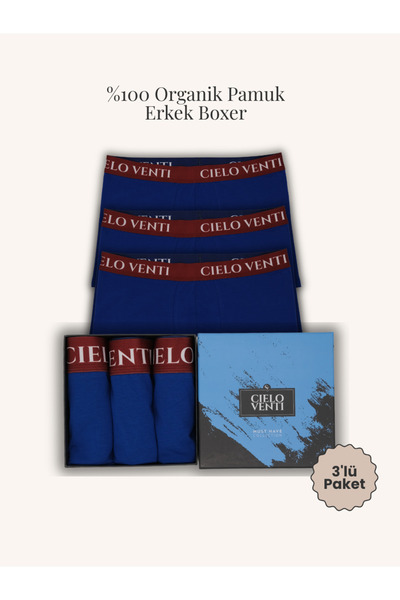 CIELO VENTI Night Collection | 3'lü Organik Pamuk Erkek Boxer (Mavi)