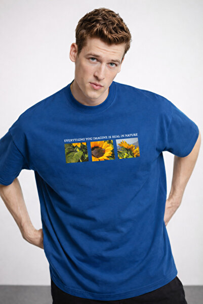 COMBİNE MİCHAİL Men's Floral Printed Oversize Blue T-Shirt