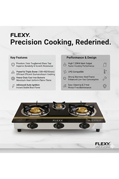 flexy 3 Burner Gas Stove, 7mm Toughened Glass Top, Auto Ignition, Heavy Cast ...