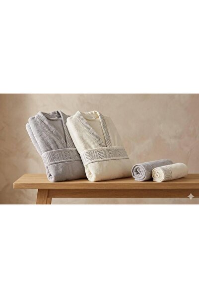 Özdilek Nev Twill Gray-Cream Family Set (Bathrobe Set)
