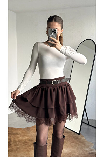 asfamoda Women's Brown Lace Detailed Ruffled Mini Skirt with Belt