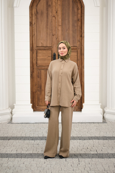 LOCCO Women's Washed Detail Elastic Waist Piped Cuff Shirt Suit Mink